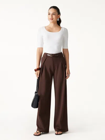 Oglmove Ponte Mid-rise  Wide-leg Tuck Pants With Pockets In Hickory Brown
