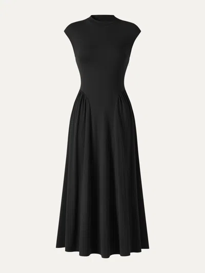 Oglmove Ponte Mock Neck Ruched A-line Midi Dress With Pockets In Black