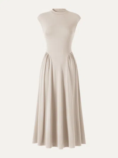 Oglmove Ponte Mock Neck Ruched A-line Midi Dress With Pockets In Fog Beige