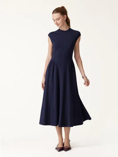 Oglmove Ponte Mock Neck Ruched A-line Midi Dress With Pockets In Smoky Navy