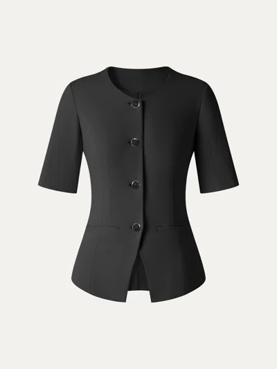 Oglmove Ponte Office Round Neck Elbow Sleeve Jacket With Pockets In Black