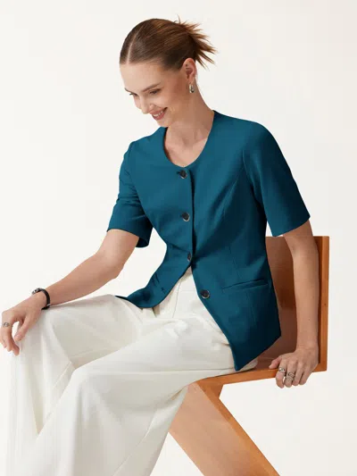 Oglmove Ponte Office Round Neck Elbow Sleeve Jacket With Pockets In Dark Marine