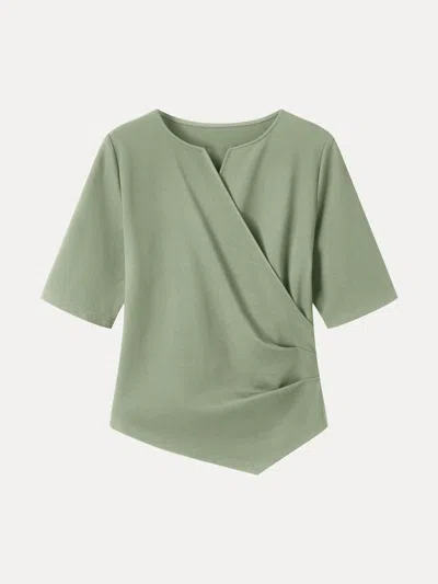 Oglmove Ponte Surplice Elbow Sleeve Asymmetrical Hem Top In Laurel Green