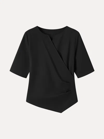 Oglmove Ponte Surplice Elbow Sleeve Asymmetrical Hem Top In Pure Black