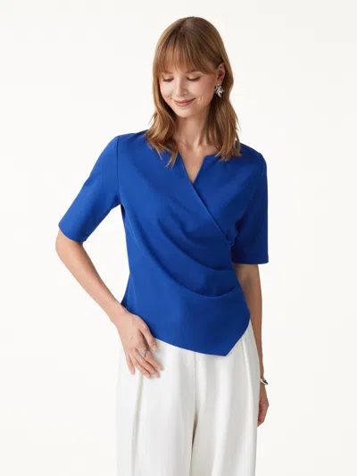 Oglmove Ponte Surplice Elbow Sleeve Asymmetrical Hem Top In Ultramarine Blue