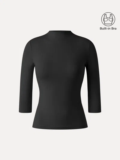 Oglmove Premium Lyocell-wool Knit Mock Neck 3/4 Sleeve Bra Top In Black