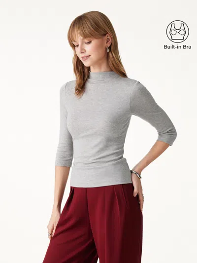 Oglmove Premium Lyocell-wool Knit Mock Neck 3/4 Sleeve Bra Top In Heather Silver Grey