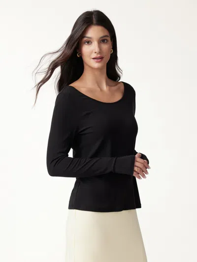Oglmove Premium Lyocell-wool Scoop Neck Thumbhole Long Sleeve Top In Black
