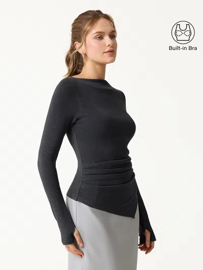 Oglmove Prowarm Boatneck Side Tucks Asymmetrical Bra Top In Heather Night Charcoal