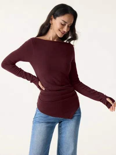 Oglmove Prowarm Boatneck Side Tucks Asymmetrical Bra Top In Ruby