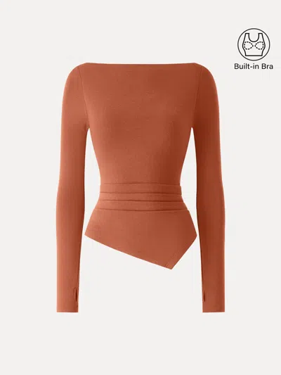 Oglmove Prowarm Boatneck Side Tucks Asymmetrical Bra Top In Orange