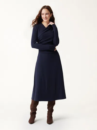 Oglmove Prowarm Crossover Wrap Neck Long Sleeve Midi Dress In Blue