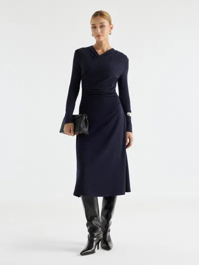 Oglmove Prowarm Crossover Wrap Neck Long Sleeve Ruched Midi Dress In Blue
