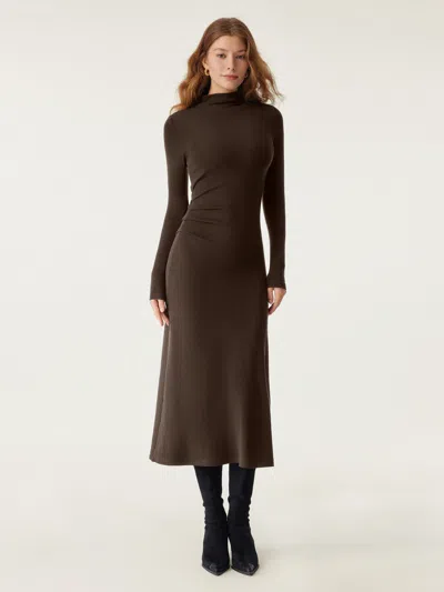 Oglmove Prowarm Long Sleeves Mockneck Tucks Midi Dress In Brown