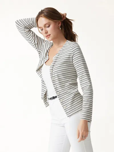 Oglmove Prowarm Stripe Round Neck Long Sleeve Button-up Cardigan In Gray