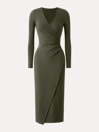 Oglmove Prowarm Surplice Long Sleeve Tucked Dress In Green