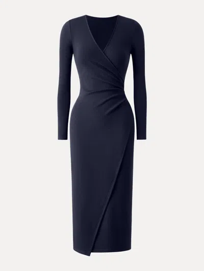 Oglmove Prowarm Surplice Long Sleeve Tucked Dress In Blue