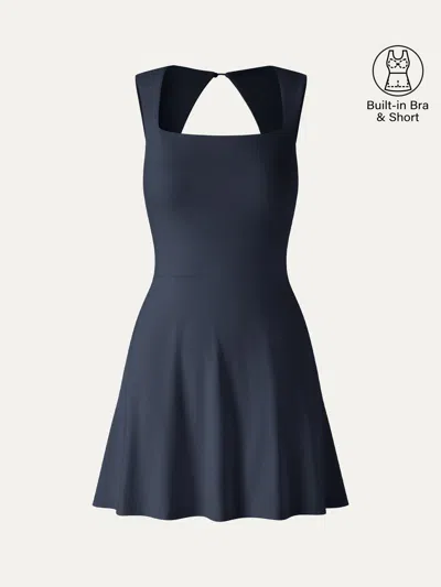 Oglmove Quick-dry Square Neck Back Cutout Court Bra Dress With Pockets In Blue
