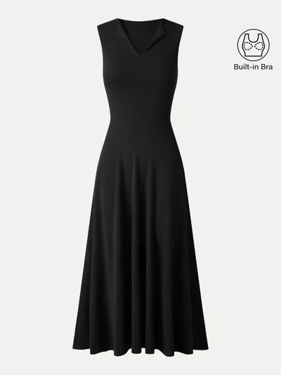 Oglmove Ribbed Collared V-neck Sleeveless A-line Midi Bra Dress With Pockets In Black