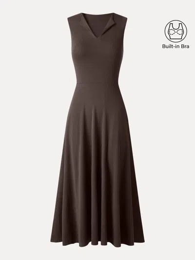Oglmove Ribbed Collared V-neck Sleeveless A-line Midi Bra Dress With Pockets In Hazelnut Coco