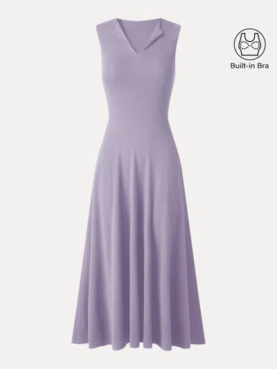 Oglmove Ribbed Collared V-neck Sleeveless A-line Midi Bra Dress With Pockets In Lilac