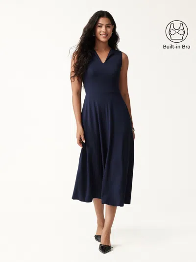Oglmove Ribbed Collared V-neck Sleeveless A-line Midi Bra Dress With Pockets In Navy