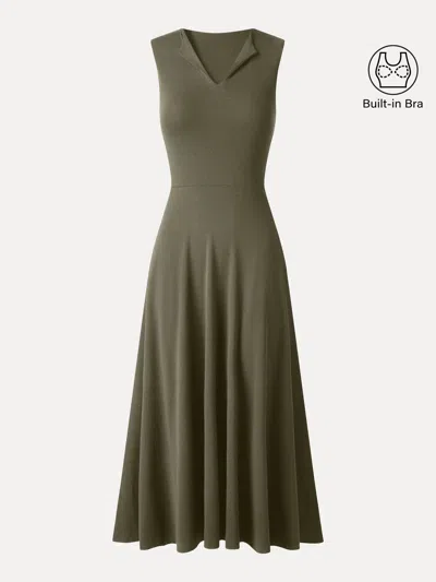 Oglmove Ribbed Collared V-neck Sleeveless A-line Midi Bra Dress With Pockets In Olive