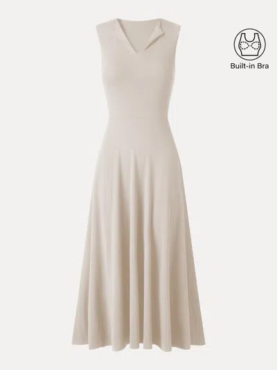 Oglmove Ribbed Collared V-neck Sleeveless A-line Midi Bra Dress With Pockets In Wheat Beige