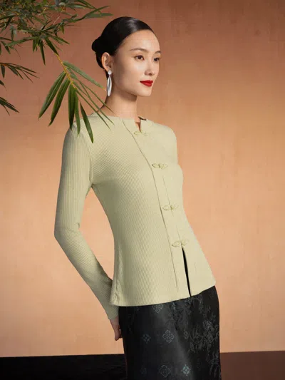 Oglmove Ribbed Frog Button Round Neck Long Sleeve Top Limited Edition