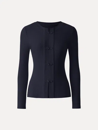 Oglmove Ribbed Frog Button Round Neck Long Sleeve Top Limited Edition