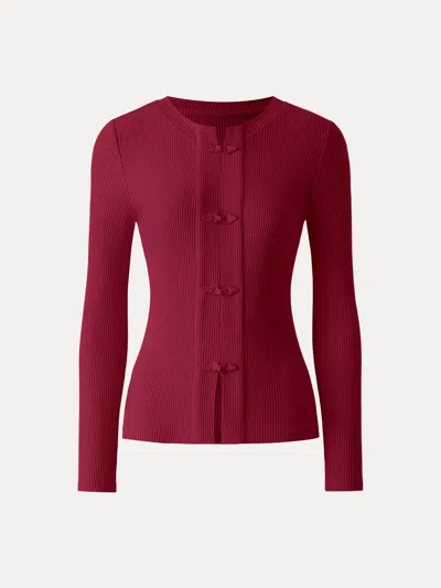Oglmove Ribbed Frog Button Round Neck Long Sleeve Top Limited Edition In Burgundy