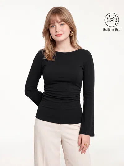 Oglmove Round Neck Bell Sleeve Ruched Bra Top In Black