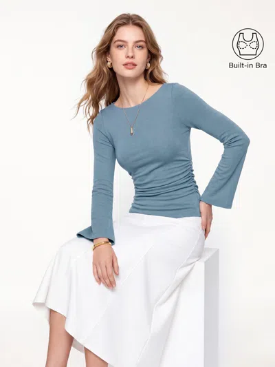 Oglmove Round Neck Bell Sleeve Ruched Bra Top In Dusk Blue