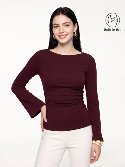 Oglmove Round Neck Bell Sleeve Ruched Bra Top In Ruby Red