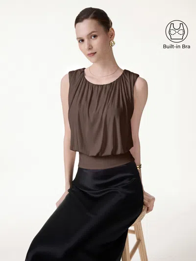 Oglmove Round Neck Gathered Sleeveless Bra Top In Brown