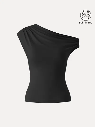Oglmove Ruched Asymmetrical Shoulder Bra Top In Black