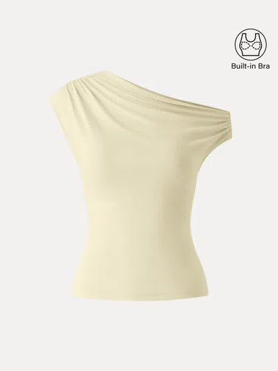 Oglmove Ruched Asymmetrical Shoulder Bra Top In Yellow