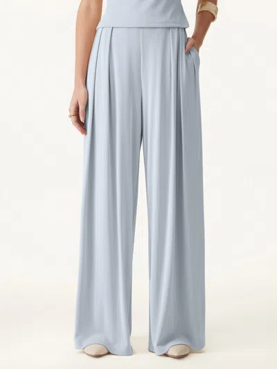 Oglmove Sandwashed Mid Rise Pleated Wide Leg Palazzo Pants With Pockets In Blue