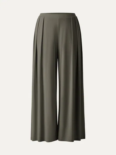 Oglmove Sandwashed Mid Rise Pleated Wide Leg Palazzo Pants With Pockets In Green