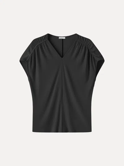 Oglmove Sandwashed Modal Relaxed V-neck Gathered Shoulder Top In Black
