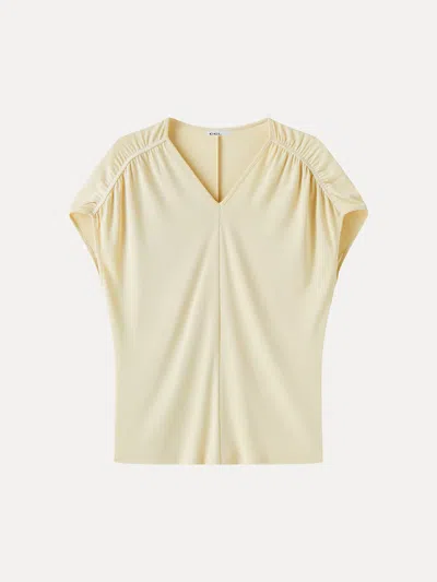 Oglmove Sandwashed Modal Relaxed V-neck Gathered Shoulder Top In Butter Yellow