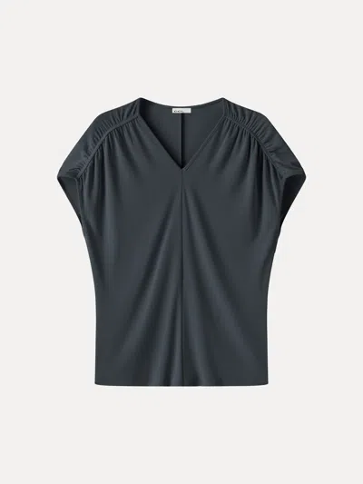 Oglmove Sandwashed Modal Relaxed V-neck Gathered Shoulder Top In Deep Navy