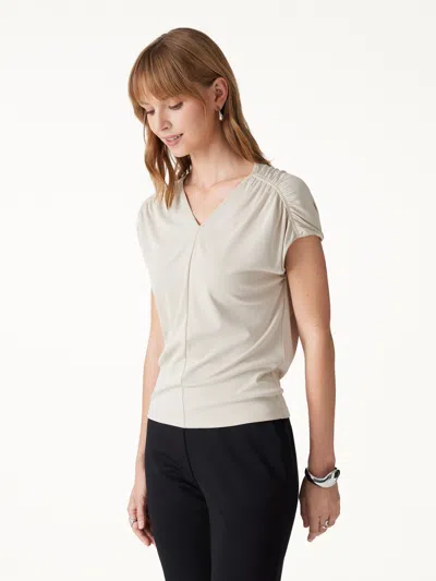 Oglmove Sandwashed Modal Relaxed V-neck Gathered Shoulder Top In Morning Mist