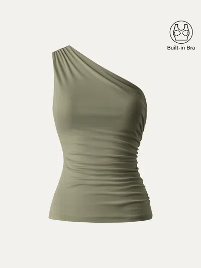 Oglmove Sandwashed One Shoulder Ruched Bra Tank In Green