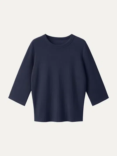 Oglmove Sandwashed Spacer Crewneck 3/4 Sleeve Top In Black Navy