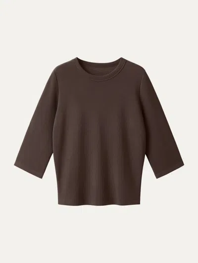 Oglmove Sandwashed Spacer Crewneck 3/4 Sleeve Top In Espresso Brown