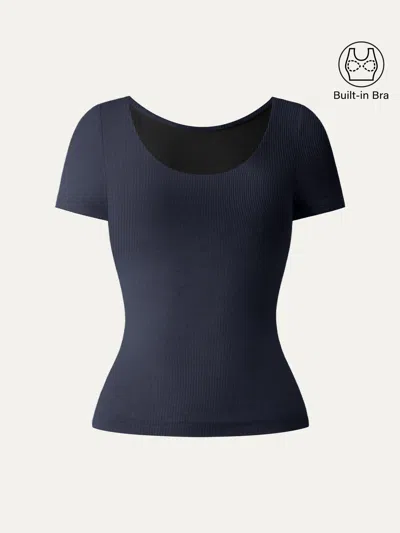 Oglmove Scoop Neck Short Sleeve Cotton New Airy Bra Top In Blue