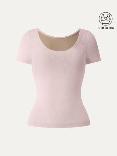 Oglmove Scoop Neck Short Sleeve Cotton New Airy Bra Top In Pink