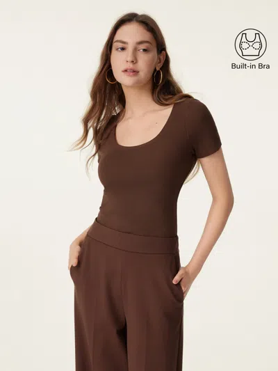 Oglmove Scoop Neck Short Sleeve Cotton New Airy Bra Top In Brown