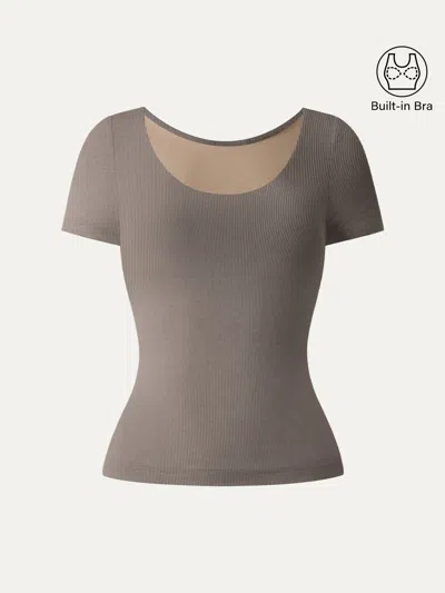 Oglmove Scoop Neck Short Sleeve Cotton New Airy Bra Top In Gray